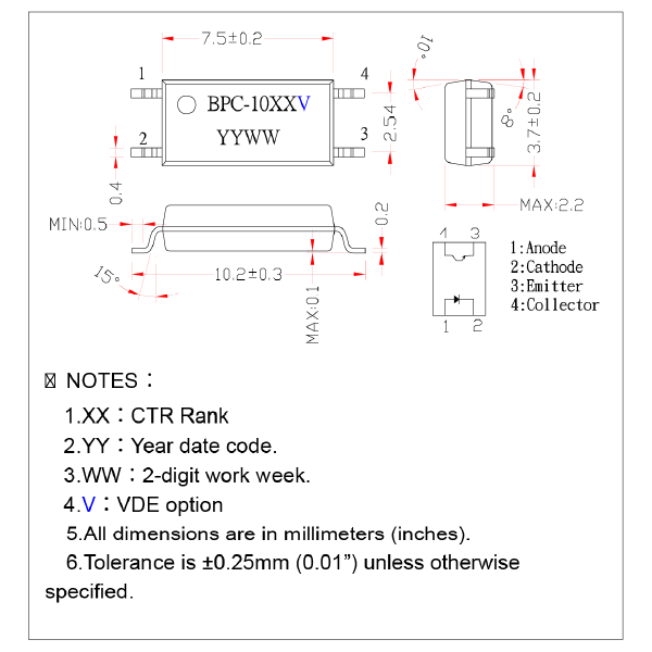 Mechanical Drawing - American Bright LED BPC-10x Phototransistor Couplers